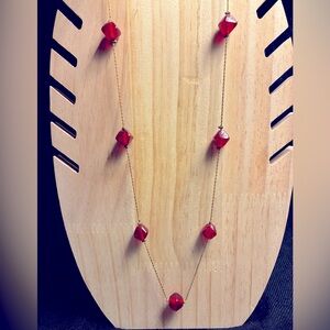 *3 for $20* Garnet Long Necklace on Braided Gold-toned chain, spacers.